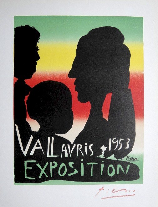 Pablo Picasso Lithograph Ecole de Paris 1959: Original lithograph "Vallauris Exposition" from a VIP folder, 1959. Hand signed by Pablo Picasso in red pencil. Lithograph: Fernand Mourlot, Paris. Editeur and Prov: Galerie Maeght, Paris. Size: 11.8 