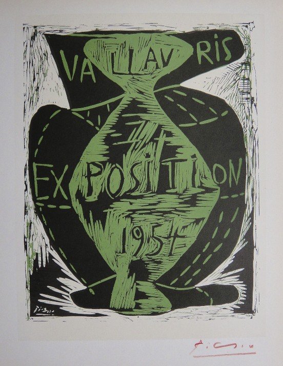 Pablo Picasso Lithograph Ecole de Paris 1959: Original lithograph "Exposition Vallauris" from a VIP folder, 1959. Hand signed by Pablo Picasso in red pencil. Lithograph: Fernand Mourlot, Paris. Editeur and Prov: Galerie Maeght, Paris. Size: 11.8 