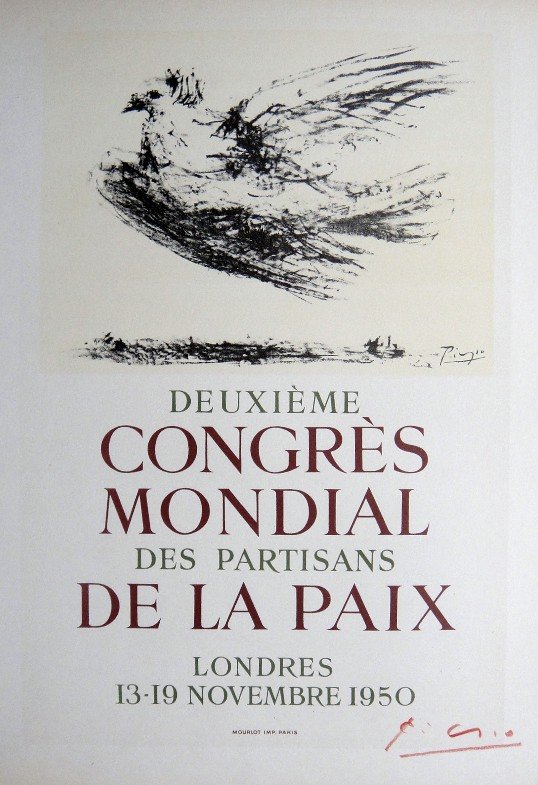 Pablo Picasso Lithograph Ecole de Paris 1959: Original lithograph "Congres Mondial de la Paix" from a VIP folder, 1959. Hand signed by Pablo Picasso in red pencil. Lithograph: Fernand Mourlot, Paris. Editeur and Prov: Galerie Maeght, Paris. Size: