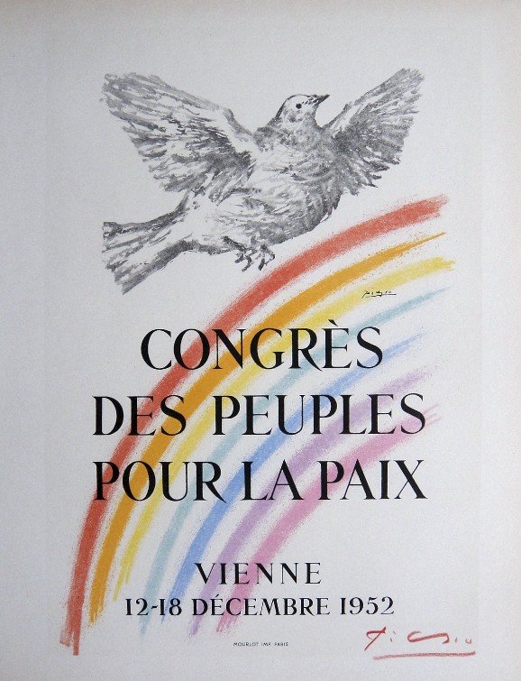 Pablo Picasso Lithograph Ecole de Paris 1959: Original lithograph "Congres des Peuples pour la Paix" from a VIP folder, 1959. Hand signed by Pablo Picasso in red pencil. Lithograph: Fernand Mourlot, Paris. Editeur and Prov: Galerie Maeght, Paris.