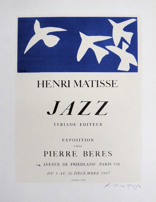 Henri MATISSE Lithograph Ecole de Paris 1952: Original lithograph "JAZZ" from a VIP folder, 1952. Hand signed by Henri Matisse in pencil. Lithograph: Fernand Mourlot, Paris. Editeur and Prov: Galerie Maeght, Paris. Size: 11.8 x 9 inches (30 x 23 