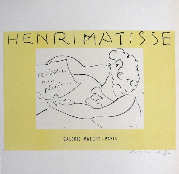 Henri MATISSE Lithograph Ecole de Paris 1952: Original lithograph "Galerie Maeght" from a VIP folder, 1952. Hand signed by Henri Matisse in pencil. Lithograph: Fernand Mourlot, Paris. Editeur and Prov: Galerie Maeght, Paris. Size: 11.8 x 9 inches