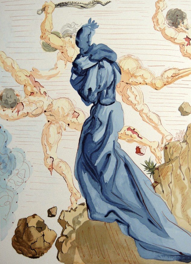 Salvador DALI, Signed Woodcut - The Divine Comedy: Original signed Woodcut 1950 - 1960 by Salvador Dali form the serie The Divine Comedy - 19th canto of the Hell "Der Uferdamm des Phlegeton am Rand der WŸste". Hand signed by Dali in pencil. Provenanc