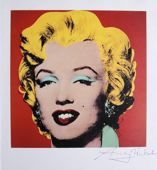ANDY WARHOL, "Marilyn Monroe" signed Print, 1982: Andy WARHOL, "Marilyn Monroe" signed Print. From a signed VIP book from 1982. Hand signed by Andy Warhol in black pen. Size: 10.43 x 9.45 in (26.5 x 24 cm), thin card board.