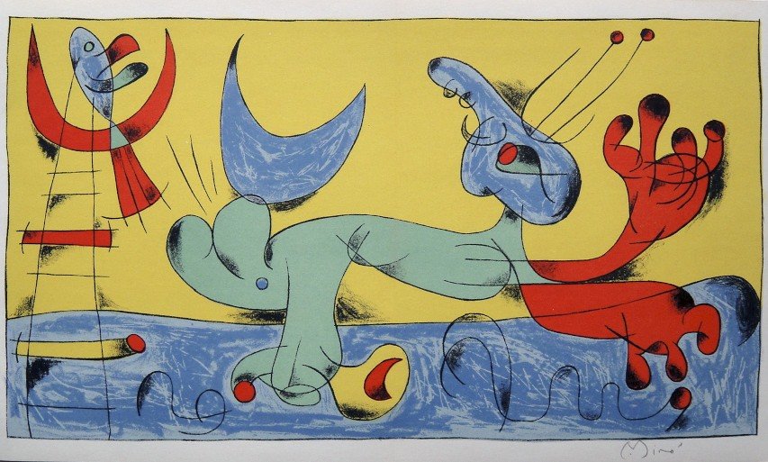 Joan Miro signed original Lithograph 1956: Joan Miro, original Lithographie from a VIP folder 1956. Hand signed by Miro in pencil. Editeur: Galerie Maeght, Paris. Prov: Jacques Prevert, Georges Ribemont Size: 9.06 x 14.96 inches (23 x 38 cm), 