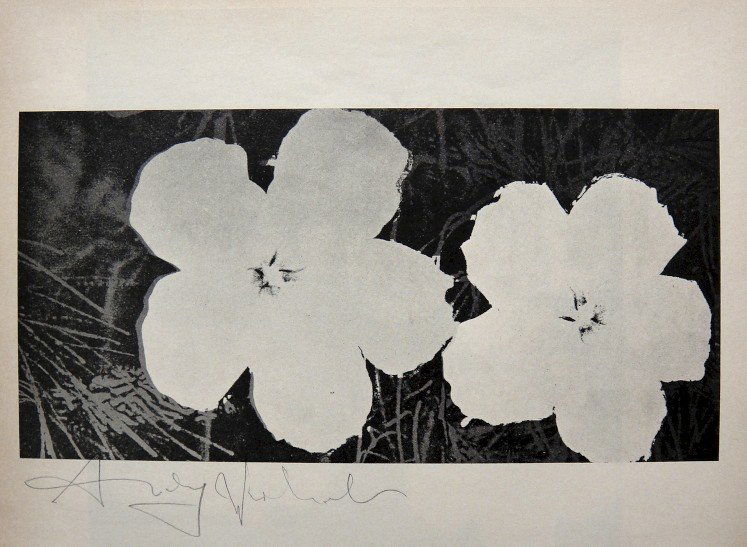 ANDY WARHOL, Signed offset Print "Flowers", 1965: Andy WARHOL, "Flowers" signed special Print. From a signed VIP book from 1965. Hand signed by Andy Warhol in yellow pencil. Size: 10.43 x 8.07 in (26.5 x 20.5 cm), printed on the back.