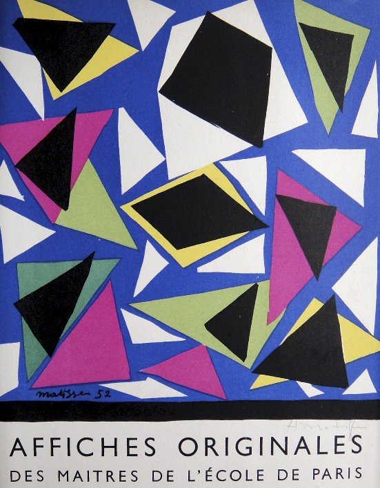 Henri MATISSE Lithograph Ecole de Paris 1952: Original lithograph "Cover - Affiches Originales" from a VIP folder, 1952. Hand signed by Henri Matisse in pencil. Lithograph: Fernand Mourlot, Paris. Editeur and Prov: Galerie Maeght, Paris. Size: 12