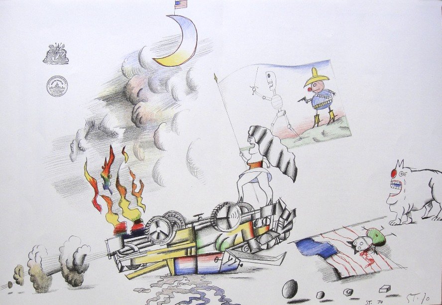 Saul Steinberg, signed special Lithograph 1970: Saul Steinberg signed Lithograph. Hand signed by Steinberg in pencil. From a VIP book, published in 1970. Printed on the back and with book fold. Size: 14.96 x 21.85 inches (38 x 55.5 cm).