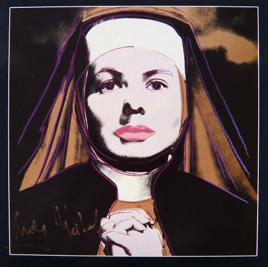 Andy Warhol signed Print "Ingrid Bergman" 1983: Special Print by Andy Warhol "Portrait of Ingrid Bergman as nun". Hand signed by Andy Warhol in gold pen. From a signed gallery edition, picturing Ingrid Bergman / Malmš Sweden, 1983. Size: 8.86 x 8.