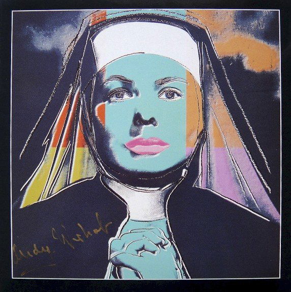 Andy Warhol signed Print "Ingrid Bergman" 1983: Special Print by Andy Warhol "Portrait of Ingrid Bergman as nun". Hand signed by Andy Warhol in gold pen. From a signed gallery edition, picturing Ingrid Bergman / Malmš Sweden, 1983. Size: 8.86 x 8.