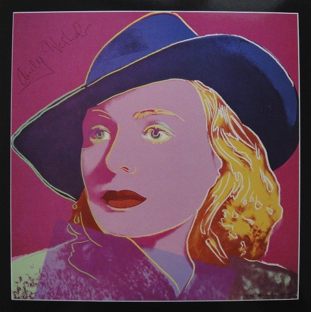 Andy Warhol signed Print "Ingrid Bergman" 1983: Special Print by Andy Warhol "Portrait of Ingrid Bergman with hat". Hand signed by Andy Warhol in black pen. From a signed gallery edition, picturing Ingrid Bergman / Malmš Sweden, 1983. Size: 8.86 x