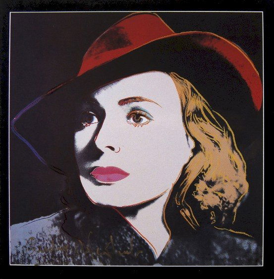 Andy Warhol signed Print "Ingrid Bergman" 1983: Special Print by Andy Warhol "Portrait of Ingrid Bergman with hat". Hand signed by Andy Warhol in gold pen. From a signed gallery edition, picturing Ingrid Bergman / Malmš Sweden, 1983. Size: 8.86 x