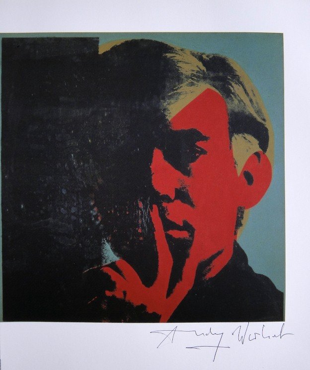 ANDY WARHOL, "Self-Portrait" signed Print, 1982: Andy WARHOL, "Self-Portrait" signed Print. From a signed VIP book from 1982. Hand signed by Andy Warhol in black pen. Size: 10.43 x 8.66 in (26.5 x 22 cm).