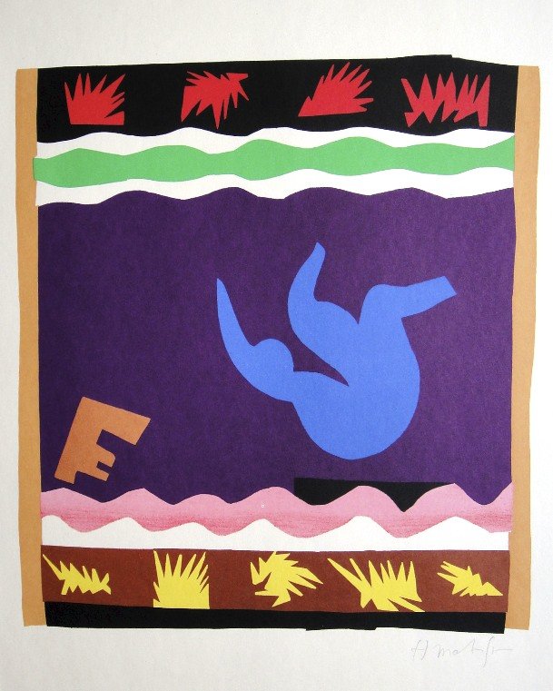 Henri Matisse, signed Lithograph "Jazz", 1951: Henri Matisse, signed lithograph from the VIP folder "Jazz". Hand signed by Matisse in pencil. 2. Edition, published in 1951. Prov: Galerie les Tourettes, Dr. A. Wertheimer, Paris. Size: 15.16 x 11.61