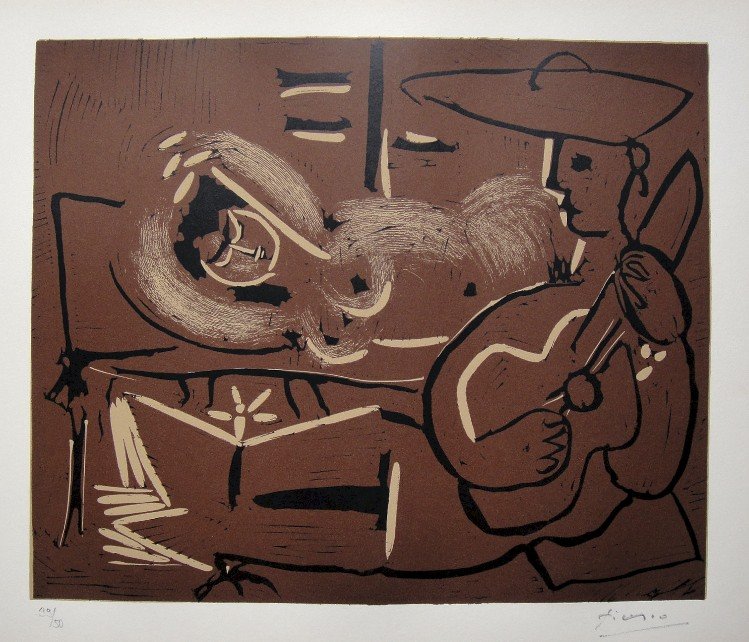 PABLO PICASSO, Hand signed Linocut, 1962: Pablo Picasso original hand signed Linocut, 1962. "Femme couchee et Guitariste" (Bloch 918) Signature and numbered 39/50 in pencil by Pablo Picasso. Publishing house Gerd Hatje, Stuttgart and for Fran