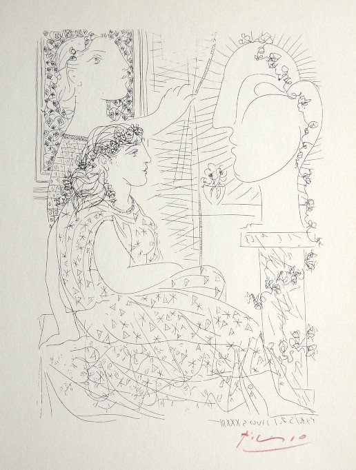 Pablo PICASSO "Suite Vollard" Lithograph 1952: Picasso Lithograph form the Suite Vollard "Deux Modles" (Bloch 150). Hand signed in red pencil by Pablo Picasso, Edition from 1952. Size: 8.2 x 11 in (20 x 27 cm).