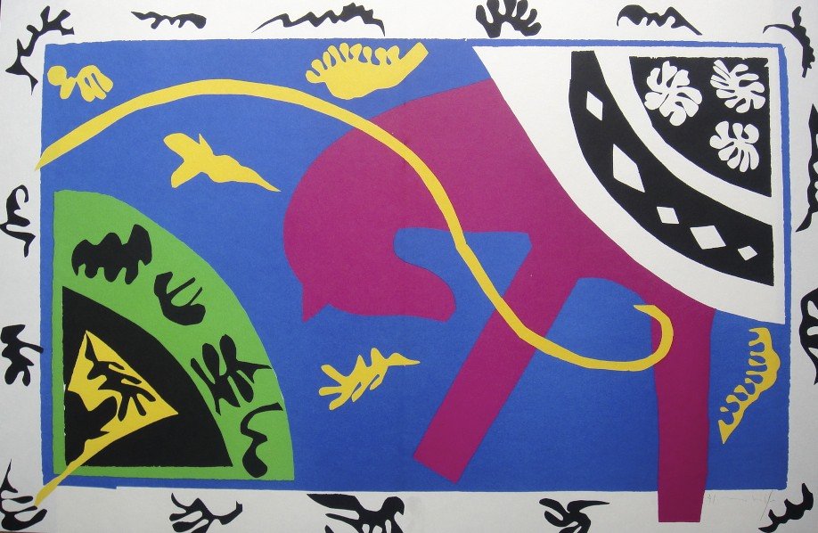 Henri Matisse, signed Lithograph "Jazz", 1951: Henri Matisse, signed lithograph from the VIP folder "Jazz". Hand signed by Matisse in pencil. 2. Edition, published in 1951. Size: 15.35 x 23.43 inches (39 x 59.5 cm), with book fold.