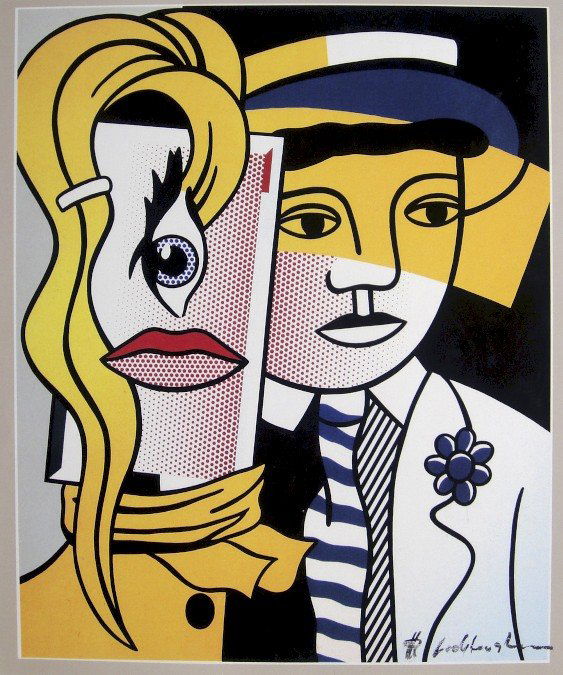 ROY LICHTENSTEIN, Signed Print, Stepping Out: Roy LICHTENSTEIN, "Stepping Out" hand signed offset print. From a signed VIP-catalog published in 1982 by Nationalgalerie Berlin / Staatliche Museen Preussischer Kulturbesitz. Hand signed by Lichtenst