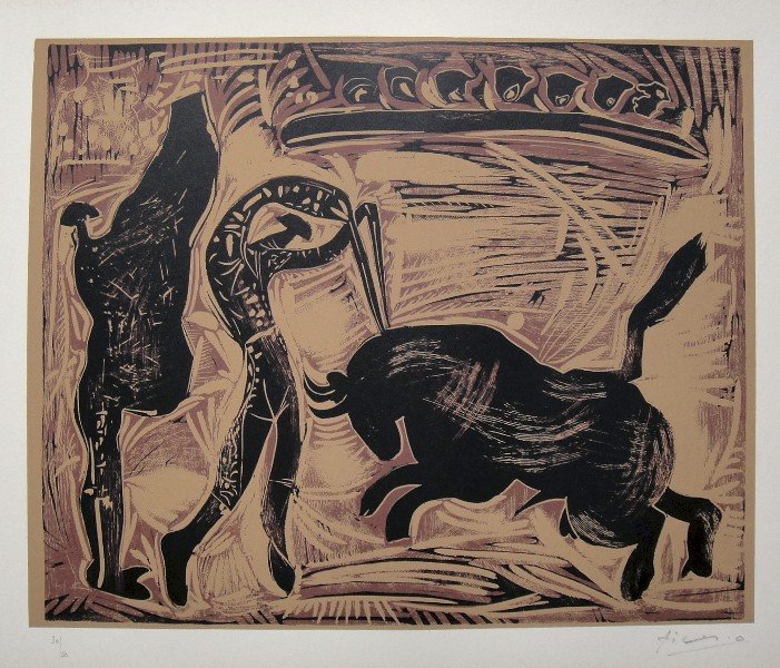 PABLO PICASSO, Hand signed Linocut, 1962: Pablo Picasso original hand signed Linocut, 1962. "Pique" (Bloch 909) Signature and numbered 30/50 in pencil by Pablo Picasso. Publishing house Gerd Hatje, Stuttgart 1962 and for France edition Circle