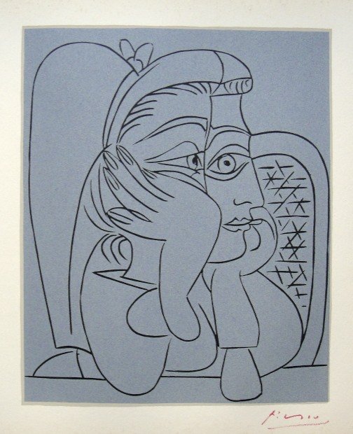 PABLO PICASSO, Hand signed Linocut, 1962: Pablo Picasso original hand signed Linocut, 1962. "Femme accoudŽe" (Bloch 922) Signature in red pencil by Pablo Picasso. Publishing house Gerd Hatje, Stuttgart 1962 and for France edition Circle d'Ar