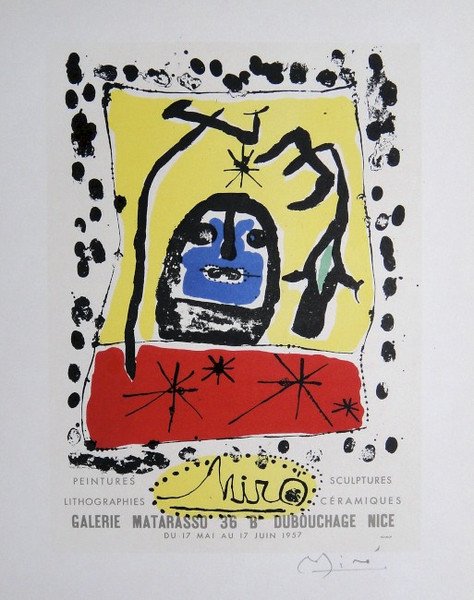 Joan Miro Lithograph Ecole de Paris 1958: Original lithograph "Galerie Matarasso" from a VIP folder, 1958. Hand signed by Joan Miro in pencil. Lithograph: Fernand Mourlot, Paris. Editeur and Prov: Galerie Maeght, Paris. Size: 11.8 x 9 inches 