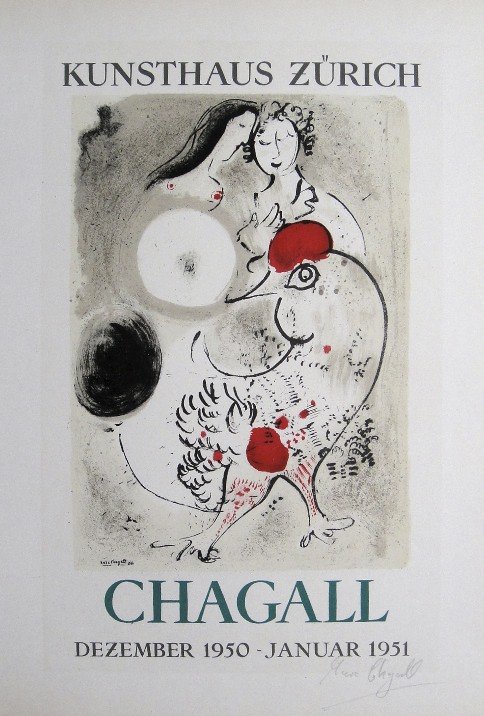 Marc Chagall Lithograph Ecole de Paris 1958: Original lithograph "Kunsthaus Zuerich" from a VIP folder, 1958. Hand signed by Marc Chagall in pencil. Lithograph: Fernand Mourlot, Paris. Editeur and Prov: Galerie Maeght, Paris. Size: 11.8 x 9 inch