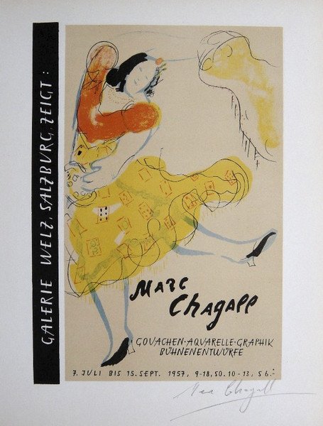 Marc Chagall Lithograph Ecole de Paris 1958: Original lithograph "Galerie Weiz, Salzburg" from a VIP folder, 1958. Hand signed by Marc Chagall in pencil. Lithograph: Fernand Mourlot, Paris. Editeur and Prov: Galerie Maeght, Paris. Size: 11.8 x 9