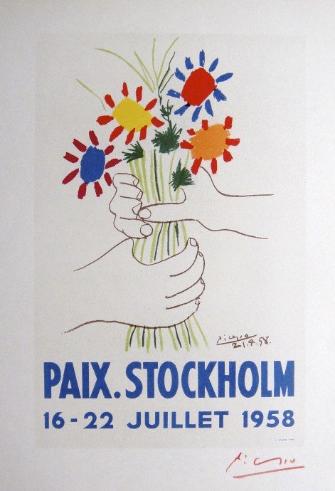 Pablo Picasso Lithograph Ecole de Paris 1958: Original lithograph "Paix Stockholm" from a VIP folder, 1958. Hand signed by Pablo Picasso in red pencil. Lithograph: Fernand Mourlot, Paris. Editeur and Prov: Galerie Maeght, Paris. Size: 11.8 x 9 in