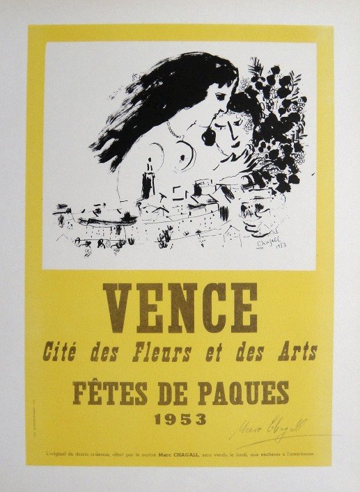 Marc Chagall Lithograph Ecole de Paris 1958: Original lithograph "Vence" from a VIP folder, 1958. Hand signed by Marc Chagall in pencil. Lithograph: Fernand Mourlot, Paris. Editeur and Prov: Galerie Maeght, Paris. Size: 11.8 x 9 inches (30 x 23 