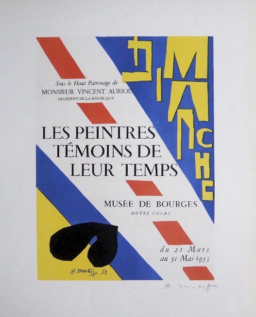 Henri MATISSE Lithograph Ecole de Paris 1952: Original lithograph "Les peintres temoins de leur temps" from a VIP folder, 1952. Hand signed by Henri Matisse in pencil. Lithograph: Fernand Mourlot, Paris. Editeur and Prov: Galerie Maeght, Paris. S