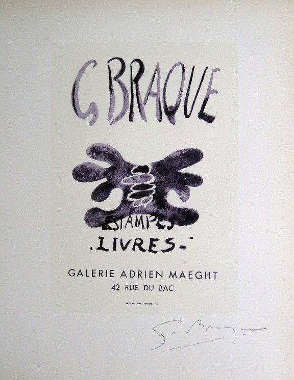 Georges Braque Lithograph Ecole de Paris 1952: Original lithograph "Estampes Livres" from a VIP folder, 1952. Hand signed by Georges Braque in pencil. Lithograph: Fernand Mourlot, Paris. Editeur and Prov: Galerie Maeght, Paris. Size: 11.8 x 9 inch