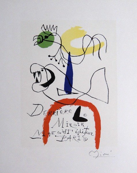 Joan Miro Lithograph Ecole de Paris 1958: Original lithograph "Derriere Miroir" from a VIP folder, 1958. Hand signed by Joan Miro in pencil. Lithograph: Fernand Mourlot, Paris. Editeur and Prov: Galerie Maeght, Paris. Size: 11.8 x 9 inches (3