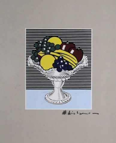 ROY LICHTENSTEIN, Signed Print, Still life - fruit bowl: Roy LICHTENSTEIN, "Still life - fruit bowl" hand signed offset print. From a signed VIP-catalog published in 1982 by Nationalgalerie Berlin / Staatliche Museen Preussischer Kulturbesitz. Hand signed b