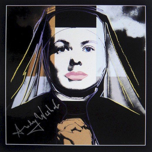 Andy Warhol signed Print "Ingrid Bergman" 1983: Special Print by Andy Warhol "Portrait of Ingrid Bergman as nun". Hand signed by Andy Warhol in silver pen. From a signed gallery edition, picturing Ingrid Bergman / Malmš Sweden, 1983. Size: 8.86 x