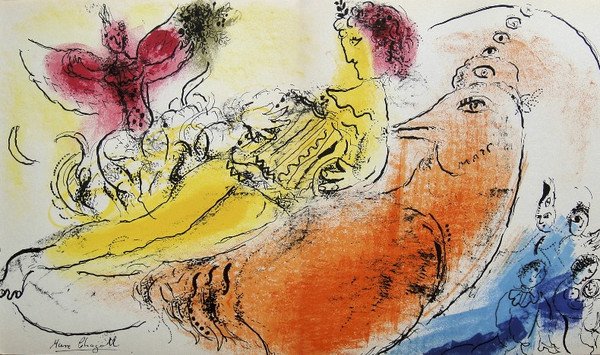 Marc CHAGALL, "L'Accordeoniste" original Lithograph: Marc CHAGALL, "L'Accordeoniste" original Lithograph 1957. Hand signed by Marc CHAGALL in black ink. Editeur: Fernand Murlot, Paris, par Jacques Lassaigne. Size: 9.06 x 15.16 inches (23 x 38.5 cm), wit