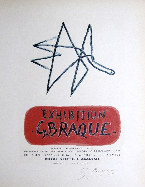 Georges Braque Lithograph Ecole de Paris 1952: Original lithograph "Exhibition G. Braque" from a VIP folder, 1952. Hand signed by Georges Braque in pencil. Lithograph: Fernand Mourlot, Paris. Editeur and Prov: Galerie Maeght, Paris. Size: 11.8 x 9
