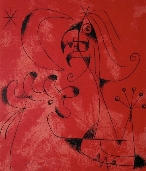 Joan Miro signed original Lithograph 1956: Joan Miro, original Lithograph from a VIP folder; Jacques Prevert - Georges Ribemont-Dessaignes 1956. Hand signed by Miro in pencil. Editeur: Galerie Maeght, Paris. Prov: Jacques Prevert, Georges Ribe