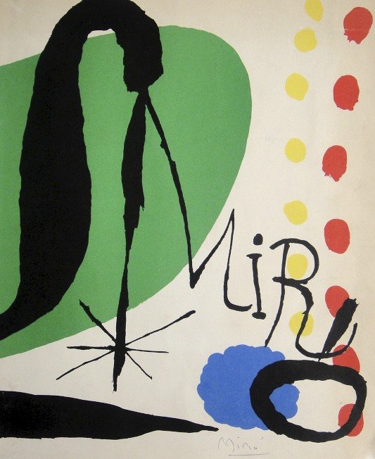 JOAN MIRO, Signed Lithograph, 1954: Joan MIRO, hand signed Lithograph, "Das Graphische Werk - Cover front" 1954. Hand signed by Miro in pencil. Prov: Galerie Maeght, Paris. Size: 11.9 x 9.8 inches (30 x 25 cm), yellowish paper and small
