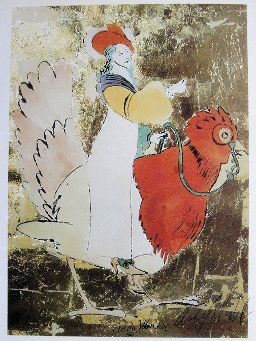 ANDY WARHOL, Signed Print Woman..., 1982: Andy WARHOL, "Woman riding on a rooster" signed Print. From a signed VIP book from 1982. Hand signed by Andy Warhol in black pen. Size: 10.24 x 8.27 in (26.5 x 21 cm).