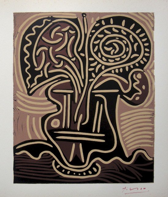 PABLO PICASSO, Hand signed Linocut, 1962: Pablo Picasso original hand signed Linocut, 1962. "Le Vase de Fleurs" (Bloch 914) Signature in red pencil by Pablo Picasso. Publishing house Gerd Hatje, Stuttgart 1962 and for France edition Circle d'