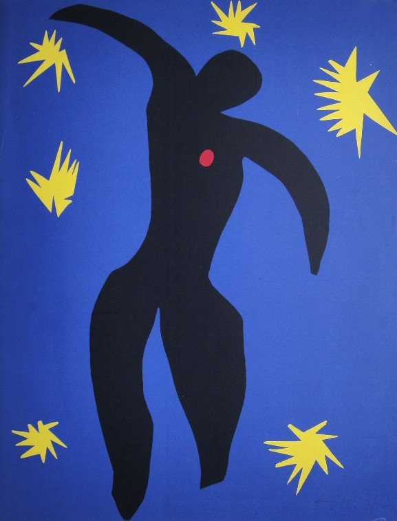 Henri Matisse, signed Lithograph "Jazz", 1951: Henri Matisse, signed lithograph "Front page" from the VIP folder "Jazz". Hand signed by Matisse in pencil. 2. Edition, published in 1951. Size: 14.76 x 11.61 inches (37.5 x 29.5 cm), marks of use.