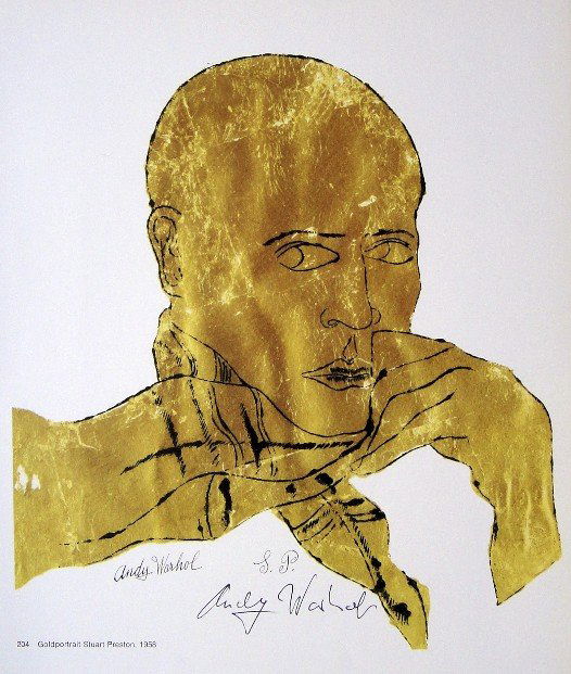 ANDY WARHOL, Signed Print Goldportrait Stuart Preston,: Andy WARHOL, "Goldportrait Stuart Preston" signed Print. From a signed VIP book from 1982. Hand signed by Andy Warhol in black pen. Size: 10.43 x 8.27 in (26.5 x 21 cm), with title.