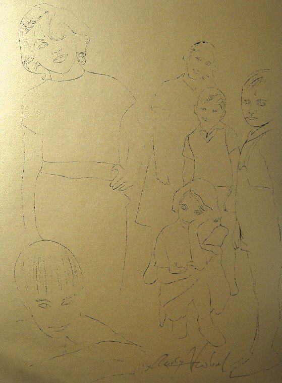 ANDY WARHOL, Children, Gold Book, sig. Litho: Andy WARHOL, original offset lithograph "Children" on gold paper. From the series "Gold Book". Hand signed by Andy Warhol in black pen. Size; 11 x 8.2 in (27.5 x 20.5 cm).