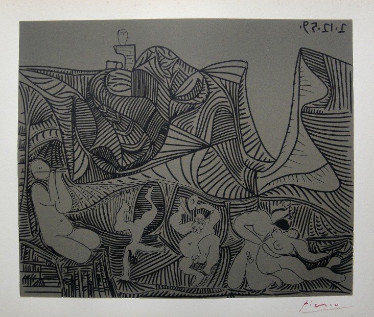 PABLO PICASSO, Hand signed Linocut, 1962: Pablo Picasso original hand signed Linocut, 1962. "Bacchanale au Hibou" (Bloch 938) Signature in red pencil by Pablo Picasso. Publishing house Gerd Hatje, Stuttgart 1962 and for France edition Circle 