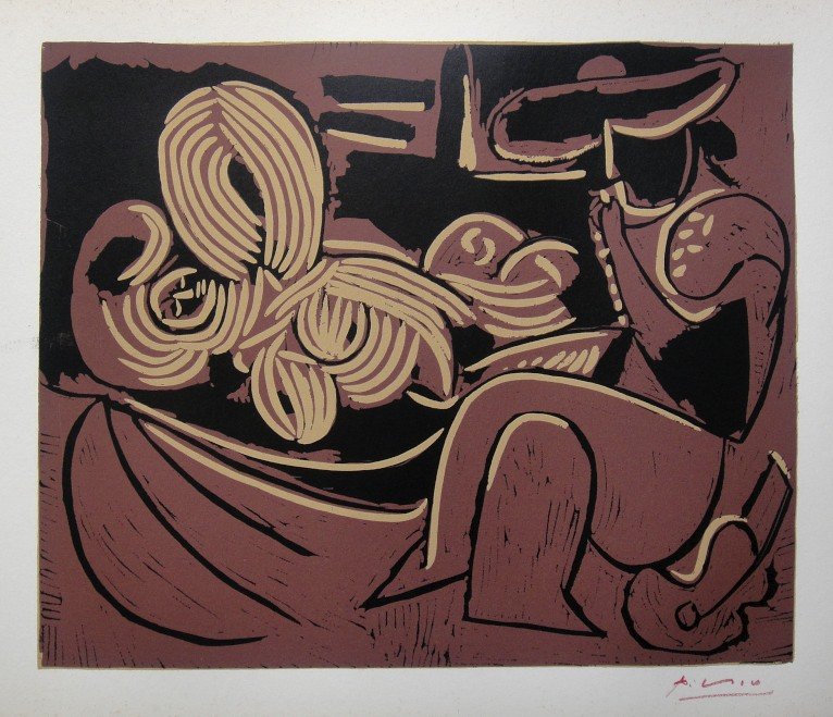 PABLO PICASSO, Hand signed Linocut, 1962: Pablo Picasso original hand signed Linocut, 1962. "Femme couchee et Homme a la Guitare" (Bloch 916) Signature in red pencil by Pablo Picasso. Publishing house Gerd Hatje, Stuttgart 1962 and for France