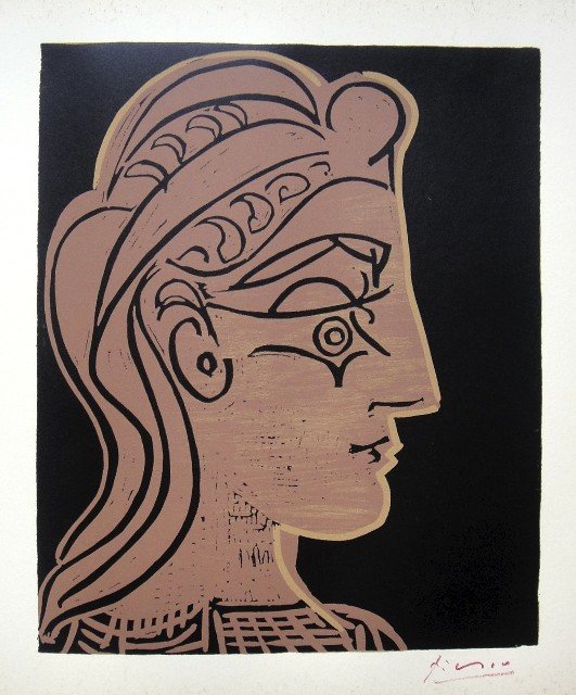 PABLO PICASSO, Hand signed Linocut, 1962: Pablo Picasso original hand signed Linocut, 1962. "Tete de Femme" (Bloch 905) Signature in red pencil by Pablo Picasso. Publishing house Gerd Hatje, Stuttgart 1962 and for France edition Circle d'Art,