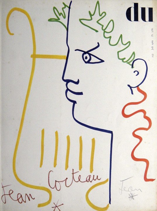 Jean COCTEAU, Signed Magazine "DU", 1960: Magazine "DU - Kulturelle Monatsschrift Juli 1960" with a Story about Cocteau. The Cover Page is hand signed by Jean Cocteau in pencil. Published by Conzett & Huber, Zurich in 1960. Size: 12.8 x 9.65 