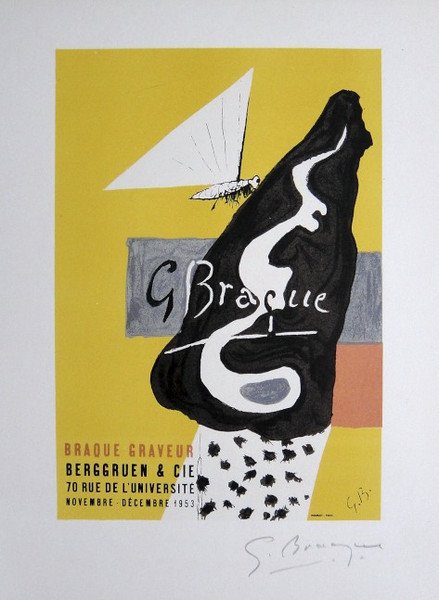 Georges Braque Lithograph Ecole de Paris 1958: Original lithograph "Braque Graveur" from a VIP folder, 1958. Hand signed by Georges Braque in pencil. Lithograph: Fernand Mourlot, Paris. Editeur and Prov: Galerie Maeght, Paris. Size: 11.8 x 9 inche