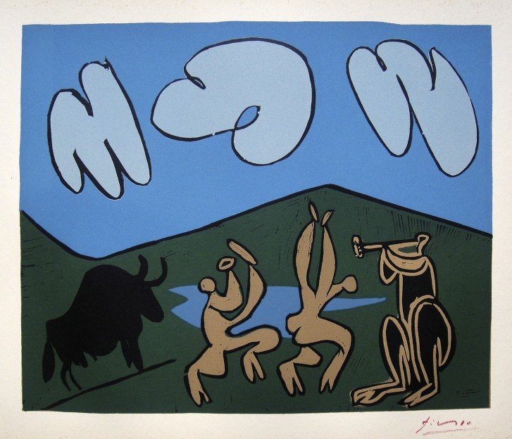 PABLO PICASSO, Hand signed Linocut, 1962: Pablo Picasso original hand signed Linocut, 1962. "Bacchanale au Taureau noir" (Bloch 935) Signature in red pencil by Pablo Picasso. Publishing house Gerd Hatje, Stuttgart 1962 and for France edition 