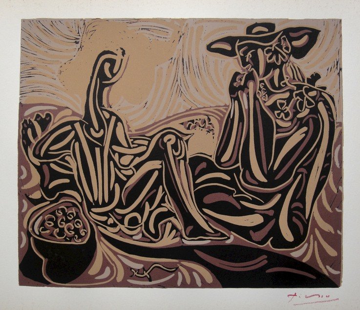 PABLO PICASSO, Hand signed Linocut, 1962: Pablo Picasso original hand signed Linocut, 1962. "Les Vendangeurs" (Bloch 937) Signature in red pencil by Pablo Picasso. Publishing house Gerd Hatje, Stuttgart 1962 and for France edition Circle d'Ar